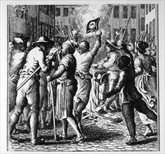 Mob of People Burning Stacks of Stamped Paper to Protest Stamp Act, Boston, Massachusetts, 1765