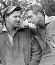Donn Pearce and Paul Newman on-set of the film, "Cool Hand Luke" directed by Stuart Rosenberg, 1967