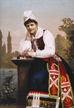 Woman Wearing Traditional Garment, Skane, Sweden, Chromolithograph of Photograph by Algot E. Strand, 1894