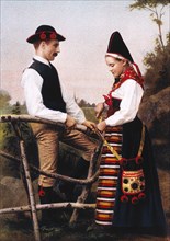 Young Couple Wearing Traditional Garments, Rattvik, Sweden, Chromolithograph of Photograph by Algot E. Strand, 1894