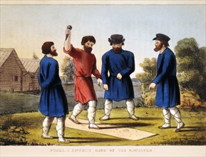 Group of Men Playing Svaika, a Favorite Game of the Mouzhiks, from Pinkerton's Russia, Hand-Colored Engraving, 1833