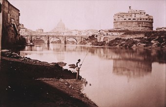 Man Fishing Near Castel Sant'Angelo and Bridge, Rome, Italy, circa 1880