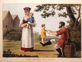 The Moujick and his Family, from Pinkerton's Russia, Hand-Colored Engraving, 1833