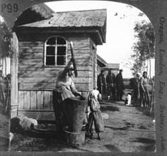 Peasant Crushing Grain, Russia, Single Image of Stereo Card, circa 1900