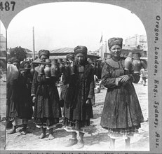 Dairy Maids Delivering Milk in Earthenware Pottery Carried on Poles, Russia, Single Image of Stereo Card, circa 1900
