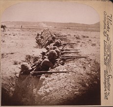 British Soldiers Firing on the Boers from Trenches at Honey Nest Kloof, South Africa, Second Boer War, Single Image of Stereo Card, 1901