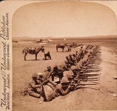 British Soldiers Firing on the Boers from Orange River Trenches, South Africa, Second Boer War, Single Image of Stereo Card, circa 1900
