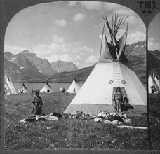 Blackfeet Village with Tipis, near St. Mary's Lake, Glacier National Park, Montana, USA, Single Image of Stereo Card, circa 1900