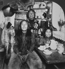 Eskimo Family in Home, Portait, Fort Magnesia, Cape Sabine, Ellsmere Island, Canada, Single Image of Stereo Card, circa 1900