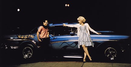 Candy Clark and Charlie Martin Smith, on-set of the Film, "American Graffiti", 1973
