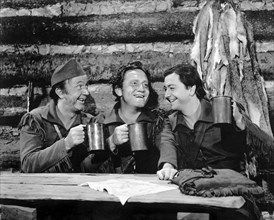 Walter Brennan, Spencer Tracy, Robert Young, on-set of the Film, "Northwest Passage", 1940