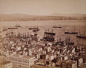Buildings Along Waterfront with Ships in Harbor, Constantinople (Istanbul), Turkey, circa 1880