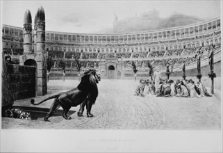 Lion and Christian Martyrs, Colosseum, Rome, Italy, 19th Century Engraving