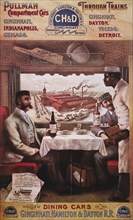 Men Being Served Drinks in Dining Car, Cincinnati, Hamilton & Dayton Railroad, Trade Poster, 1894