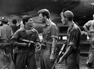 John Garfield, Gig Young, Ward Wood, on-set of the Film, "Air Force", 1943