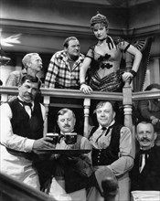 George Humbert, (Lower L), Walter Brennan, Edward Arnold, Frances Farmer, on-set of the Film, "Come and Get It", 1936