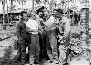 Richard Jaeckel, Anthony Quinn, William Bendix, on-set of the Film, "Guadalcanal Diary", 20th Century Fox, 1943