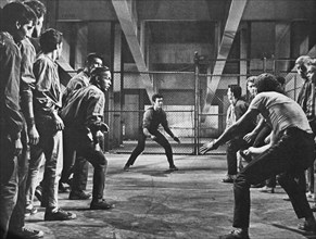 George Chakiris (center-background), Russ Tamblyn (center-foreground), Fight Scene, on-set of the Film, "West Side Story", 1961
