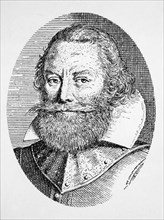 John Smith (1580-1631), English Colonist in Jamestown, Virginia, Engraving from his "A Description of New England", 1616