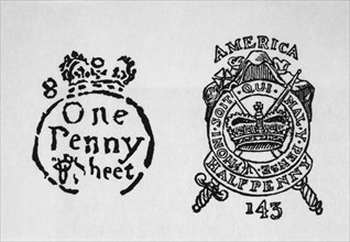 Tax Stamps for the American Colonies, Stamp Tax Act of 1765, Illustration