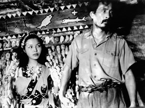 Akemi Negishi, Tadashi Suganuma, on-set of the Film, "Anatahan", 1954