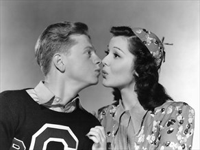 Mickey Rooney, Ann Rutherford, on-set of the Film, "Out West with the Hardy's", 1938