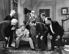 Jack Oakie (C), Richard Gallagher (Hat), Charles Sellon (2nd R), Henry Roquemore (R), on-set of Film, "The Social Lion", 1930