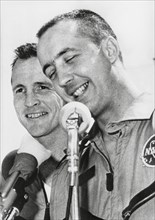 NASA Astronauts James McDivitt (R) and Edward White II at Press Conference upon Completion of Gemini IV Space Mission, Houston, Texas, USA, June 10, 1965
