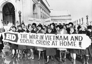 Crowd of Women including Jeannette Rankin (center with glasses), First Woman Elected to Congress, Protesting Vietnam War outside of Union Station on their Way to Capitol, Washington, D.C., USA, 1965