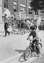 Student on Bicycle Watching Teachers Picketing Outside High School, Elgin, Illinois, USA, 1971