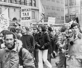 Protesters Outside Hilton Hotel Where President Richard Nixon was Speaking, Chicago, Illinois, USA, 1974