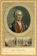 General George Washington, Portrait, above War Scene of General George Washington's Defeat of the British Army at Yorktown, Virginia, 1781