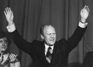 Gerald R. Ford, 38th U.S. President, Portrait with Arms Raised While Serving as House Minority Leader, 1972