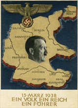 Adolf Hitler Portrait on Map of Germany and Unification with Austria, "Ein Volk Ein Reich Ein Fuhrer", Postcard, 1938