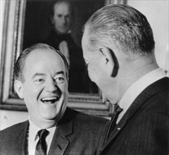 Vice President Hubert Humphrey, Observing his 55th Birthday, Being Congratulated by President Lyndon Johnson at the White House, Washington DC, USA, May 27, 1966
