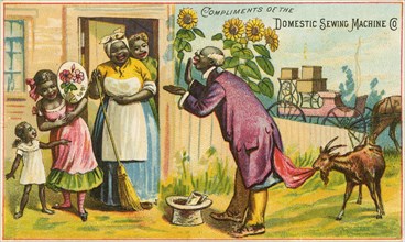 Goat Eating African-American Man's Jacket while Women & Children Listen to Him, Trade Card, Domestic Sewing Machine Company, circa 1880's