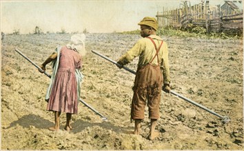 Two Young African-American Children Hoeing Cotton Field, USA, Postcard, circa 1910's