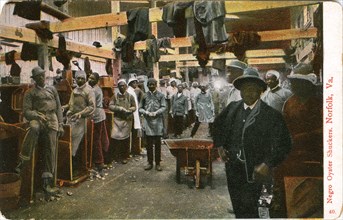 African-American Oyster Shuckers, Portrait, Norfolk, Virginia, USA, Hand-Colored Postcard, circa 1910