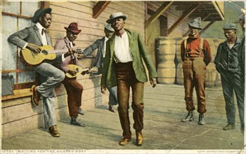 Group of African-American Men Playing Guitars and Dancing, "Waiting for the Sunday Boat", USA, Hand-Colored Postcard, circa 1910