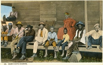 Group of African-Americans Porch, One Man with Banjo, Portrait, "Music Hath Charm - 46", USA, Hand-Colored Postcard, circa 1910