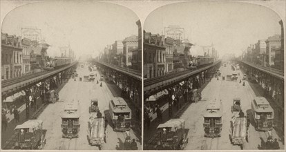 Street Scene, Bowery, New York City, USA, "Along the Noted Bowery, New York USA", Stereo Card, 1896