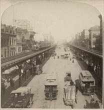Street Scene, Bowery, New York City, USA,  "Along the Noted Bowery, New York USA", One Image of Stereo Card, 1896