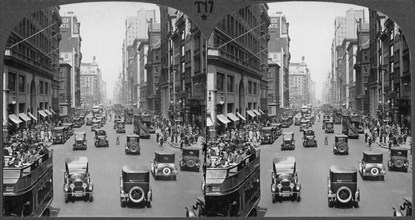 Busy Street Scene, Fith Avenue Looking North From 38th Street, New York City, USA, Stereo Card, circa 1920's