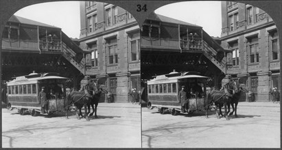Streetcar Drawn by Two Horses, Broadway, New York City, USA, Stereo Card, circa 1900