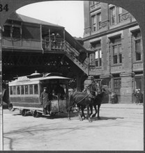 Streetcar Drawn by Two Horses, Broadway, New York City, USA, Single Image of Stereo Card, circa 1900
