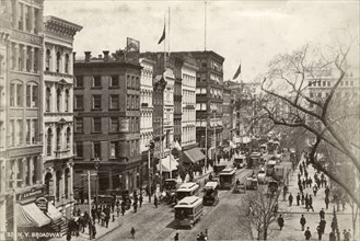 Busy Street Scene, Broadway, Downtown Manhattan, New York City, USA, circa 1900
