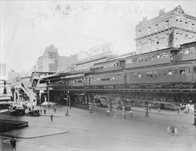 Ninth Avenue Elevated Trains with 66th El Station in Background, New York City, USA, 1933