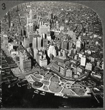 Downtown Manhattan Skyline, New York City, USA, High Angle View, Single Image of Stereo Card, circa 1925
