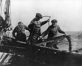 Group of Herring Fishermen, North Sea, on-set of the Silent Documentary Film, "Drifters", 1929