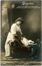 Mother Standing Over Sleeping Daughter, Lullaby on Hand-Colored Postcard, Germany, circa 1910